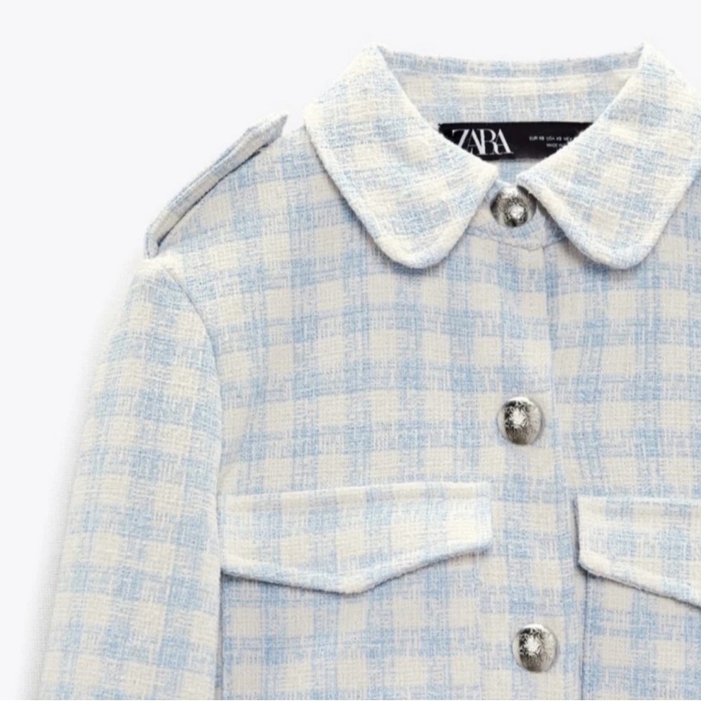 ZARA TWEED  PLAID GINGHAM CHECKERED JACKET BLUE WHITE S STRUCTURED - Picture 2 of 7